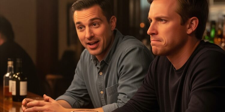 Two guys are talking at a bar, with one looking offended by what the other has said.