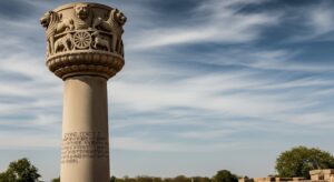 AI Generated image of Ashokan Pillar with Rock Edict 7 written and Four Lions on top.